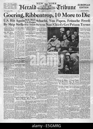 1946 New Herald Tribune page avant la déclaration de culpabilité prononcée contre gouvernement nazi à Nuremberg les essais cliniques Banque D'Images