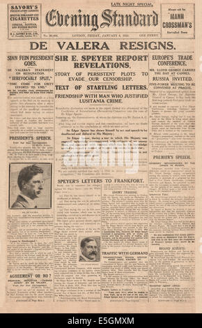 1922 Evening Standard (Londres) front page Sinn Fein de rapports Le président de Valera démissionne Banque D'Images