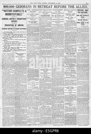 1914 Daily Mail page 5 retraite rapport de l'armée allemande à la suite de l'offensive des Alliés Banque D'Images