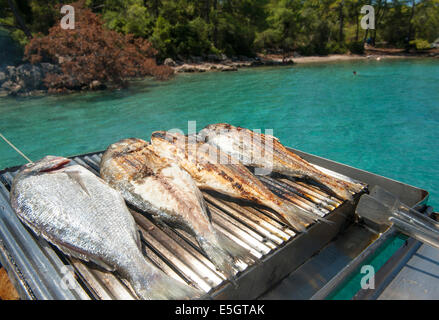 Grillades de poissons fraîchement pêchés à bord sur la location à l'île de Sedir, Golfe de Gökova, Turquie Banque D'Images