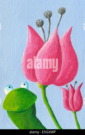 Illustration de l'acrylique funny frog et tulipes Banque D'Images