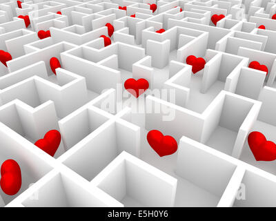 Coeurs rouges dans le labyrinthe blanc sans fin Banque D'Images