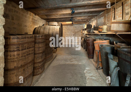 Ancienne cave à vin avec des barils d'une winery, 19e siècle, le Musée de Plein Air de Franconie de Bad Windsheim, Bad Windsheim Banque D'Images