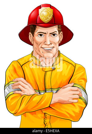 Une illustration d'un heureux beau pompier pompier avec ses bras croisés Banque D'Images