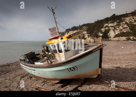 UK Angleterre, Devon, bière, bateau de pêche Lillie peut sur la plage Banque D'Images