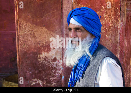 Un musulman avec un turban bleu et une barbe blanche dans une mosquée dans la partie ancienne de Delhi, Inde. Banque D'Images