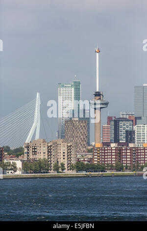 Pays-bas, Rotterdam, Skyline avec Euromast et pont Erasmus. Lever du soleil Banque D'Images