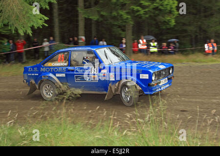 L'Écosse. 2e août, 2014. David Cameron et Cameron Douglas dans les Ford Escort Mk2 sur la scène de l'Gartly Moor Étapes Speyside, Ecosse Rallye. Samedi 2 août 2014. Credit : Malcolm Gallon/Alamy Live News Banque D'Images