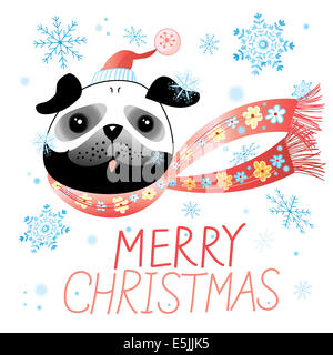 Carte de Noël joyeux lumineux avec une photo d'un pug sur fond blanc avec des flocons Banque D'Images