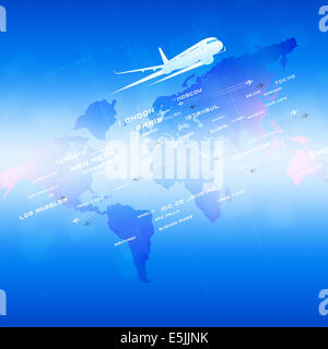 Arrière-plan de l'aviation dans le monde avec des avions et des noms de ville sur une carte Banque D'Images