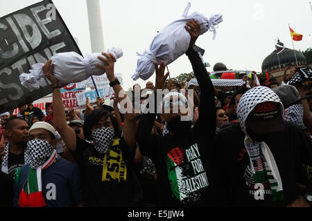 Kuala Lumpur, Malaisie. 2e août, 2014. Militants malaisiens assister à une protestation sur la place de l'indépendance à Kuala Lumpur appelant à une fin à l'offensive militaire dans la bande de Gaza. Une nouvelle vague de violence a tué des dizaines de Gaza après l'effondrement d'un cessez-le-feu soutenu des Nations Unies et des Etats-Unis, ont déclaré que le 2 août, que le Hamas a refusé il enlevé un soldat israélien. Credit : Khairil Safwan/Pacific Press/Alamy Live News Banque D'Images