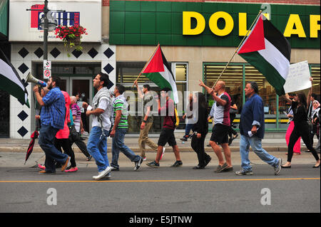 London, Ontario, Canada. 07 août, 2014. Les manifestants se rassemblent pour un rassemblement à l'appui des Palestiniens à Gaza. Pendant quatre semaines consécutives les manifestants se sont réunis à London, en Ontario, pour manifester contre la poursuite de l'offensive à Gaza qui a tué plus de 1600 Palestiniens et déplacé plus de 280 000 personnes. Credit : Jonny White/Alamy Live News Banque D'Images