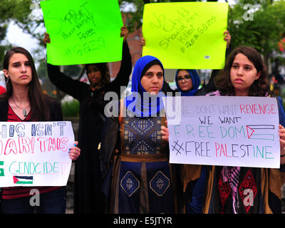 London, Ontario, Canada. 07 août, 2014. Les manifestants se rassemblent pour un rassemblement à l'appui des Palestiniens à Gaza. Pendant quatre semaines consécutives les manifestants se sont réunis à London, en Ontario, pour manifester contre la poursuite de l'offensive à Gaza qui a tué plus de 1600 Palestiniens et déplacé plus de 280 000 personnes. Credit : Jonny White/Alamy Live News Banque D'Images