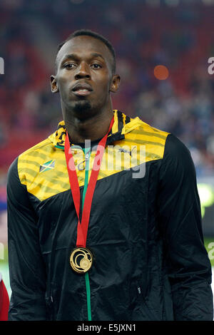 Hampden Park, Glasgow, Écosse, Royaume-Uni, samedi, 2 août 2014. Glasgow Jeux du Commonwealth 2014, Relais hommes 4 x 100m, cérémonie de médaille. Usain Bolt, Jamaïque, Or Banque D'Images