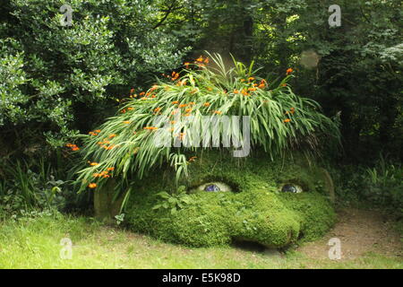 La tête du géant dans la sculpture bois jardin boisé au Jardins perdus de Heligan, Cornwall, England, UK Banque D'Images