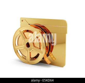 3D render of golden clapper board avec bobine de film isolé sur fond blanc Banque D'Images