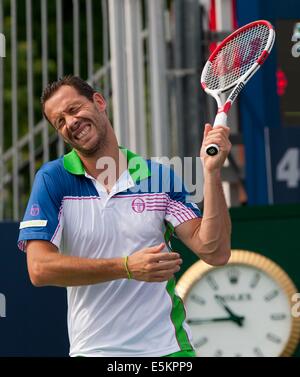 Toronto, Canada. 3e août, 2014. Michael Llodra de France réagit au cours du deuxième tour de qualification du tournoi contre Tobias Kamke de l'Allemagne à la Coupe Rogers 2014 à Toronto, Canada, 3 août 2014. Michael LLodra a perdu le match 0-2. Credit : Zou Zheng/Xinhua/Alamy Live News Banque D'Images