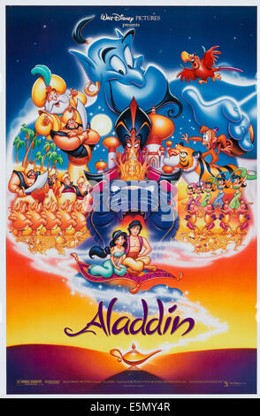 ALADDIN, haut de gauche : Sultan, Genie, Jafar, Raja, Abu, Iago, bas de gauche : la princesse Jasmine, Aladdin, 1992, ©Walt Disney Banque D'Images