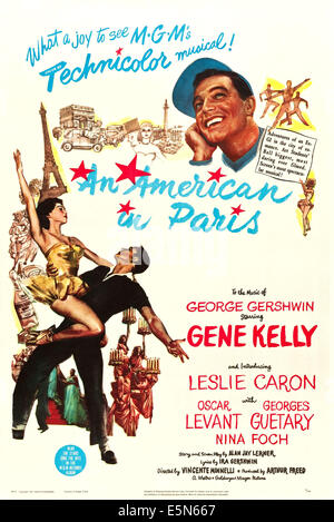 Un Américain à Paris, de nous poster, Gene Kelly, Leslie Caron, 1951, l'art de l'affiche Banque D'Images