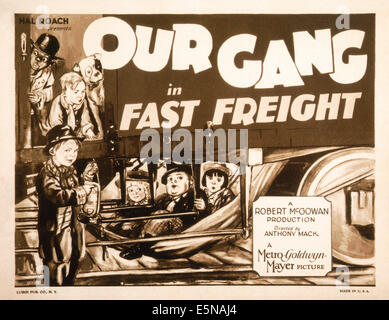 FAST FREIGHT, US, lobbycard retour : Allen 'Farina' Hoskins, Harry lance, Pete le chien ; à l'avant gauche : Bobby 'Wheezer' Hutchins, Banque D'Images