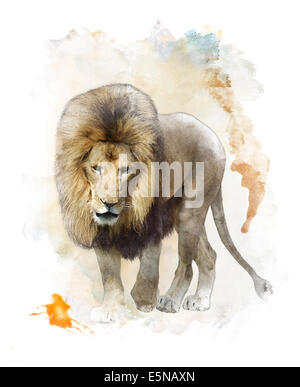 Aquarelle peinture digitale de Lion Marche Banque D'Images