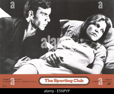 Le SPORTING CLUB, US lobbycard, de gauche à droite : Robert Champs, Margaret Blye, 1971 Banque D'Images