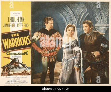 Les guerriers, (aka THE DARK AVENGER), US lobbycard, de gauche à droite : Peter Finch, Joanne Dru, Errol Flynn, 1955 Banque D'Images