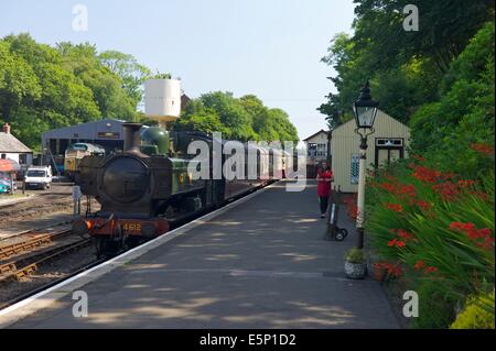 Un train à vapeur arrive à Bodmin général station sur la Bodmin et Wenford Railway, Cornwall, UK Banque D'Images