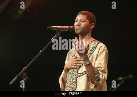 Grammy award winning bande sud-africain Ladysmith Black Mambazo apparaissant au Cambridge Folk Festival le 3 août 2014. Banque D'Images