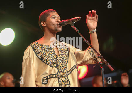 Grammy award winning bande sud-africain Ladysmith Black Mambazo apparaissant au Cambridge Folk Festival le 3 août 2014. Banque D'Images