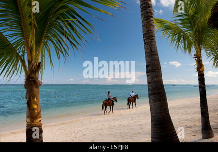 Cavaliers sur la plage tôt le matin à Le Morne Brabant, Maurice, océan Indien, Afrique Banque D'Images