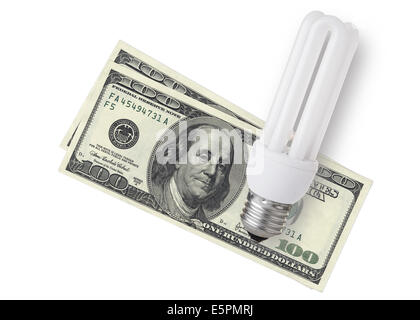Plus de lampe économiseur d'Enegy dollar bills sur fond blanc Banque D'Images