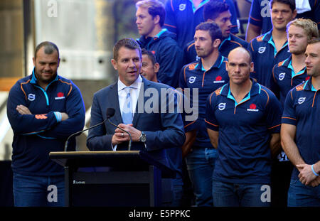 Sydney, Australie. Le 05 août, 2014. NSW Waratahs Rugby super réception officielle. , Le Premier ministre Mike Baird parle à la grande foule. Credit : Action Plus Sport/Alamy Live News Banque D'Images