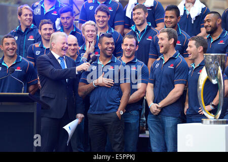 Sydney, Australie. Le 05 août, 2014. NSW Waratahs Rugby super réception officielle. Kurtley Beale est interviewé. Credit : Action Plus Sport/Alamy Live News Banque D'Images