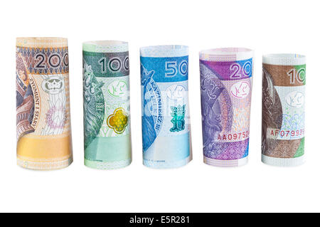 Zloty polonais laminées nouveaux billets isolé sur fond blanc avec clipping path Banque D'Images