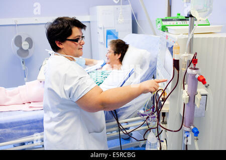 L'hémodialyse, patient sous traitement d'hémodialyse, hôpital de Limoges, France. Banque D'Images