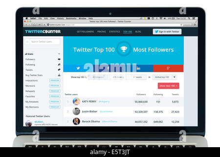 TwitterCounter, montrant le Twitter Top 100 - ceux avec le plus d'adeptes - sur un Apple MacBook Pro avec écran Retina Banque D'Images