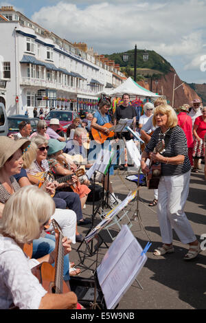 La ville de Sidmouth, Devon, UK. 6e août, 2014. La musique et la danse à l'assemblée annuelle de la semaine folklorique à Sidmouth. Des groupes de guitare Exeter guitare divertir les visiteurs massés sur la promenade de Sidmouth. Crédit : Anthony Collins/Alamy Live News Banque D'Images