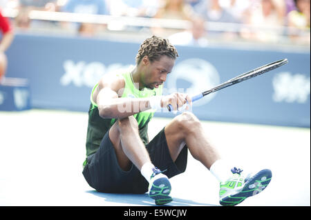 Toronto, Canada. 6e août, 2014. Gaël Monfils de France sert à Novak Djokovic la Serbie au cours de la Coupe Rogers au Centre Rexall le 6 août 2014 à Toronto, Ontario, Canada. Credit : Julian Avram/Alamy Live News Banque D'Images