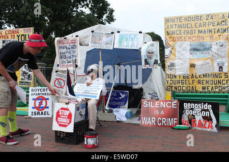 Washington, USA. 6e août, 2014. La paix protestataire CONCEPCION PICCIOTTO (age 77) poursuit ses 24 heures--un-jour manifestation pacifique contre l'armement nucléaire quand le monde proteste contre l'attaque d'Israël sur Gaza, le mercredi, Août 06, 2014, dans le parc Lafayette, en face de la Maison Blanche à Washington. PICCIOTTO, un immigrant de l'Espagne qui a été actif avec sa veillée de la paix depuis 1981. Credit : Probal Rashid/ZUMA/Alamy Fil Live News Banque D'Images