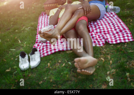 Portrait of young couple lying in park on picnic blanket Banque D'Images