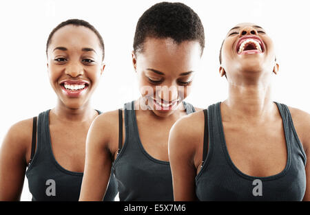 Trois fois de multi-exposition jeune femme sourire et rire Banque D'Images