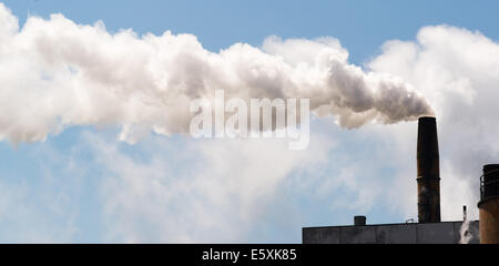 La fumée s'élève blanc hors de cheminée industrielle jour après jour Banque D'Images