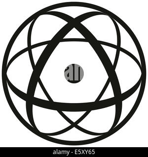 Symbole atomique composé d'un noyau de trois ellipses et un shell. Illustration noir et blanc sur fond blanc. Banque D'Images