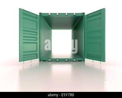 Vide vert vif et ouvert contenant d'expédition sur fond blanc - vintage 3D photoréaliste rendre chaleureux avec une profonde de champ Banque D'Images