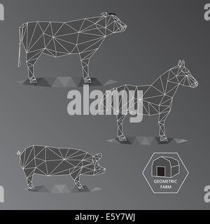 Illustration de l'échelle de gris d'animaux de ferme géométrique faite de polygones triangle, fil contour, ensemble de grand bétail comme bull, cheval Banque D'Images