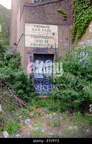 Parking privé abandonné derrière la construction, repris par nature & graffiti sur la porte Banque D'Images