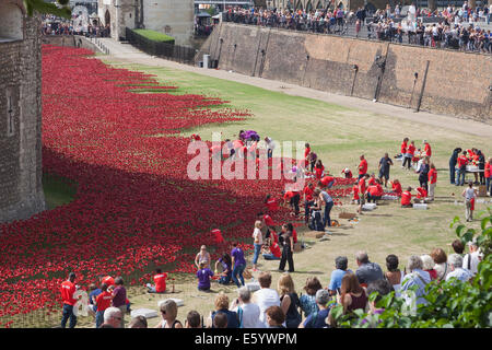 Regarder la foule des bénévoles en céramique commémorative plantation coquelicots dans la Tour de Londres moat Banque D'Images