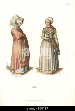 Femme en coiffe et Sturz femme en costume national, 1500. Banque D'Images