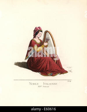 Costume de femme noble italien jouant de la harpe, 14e siècle. Banque D'Images